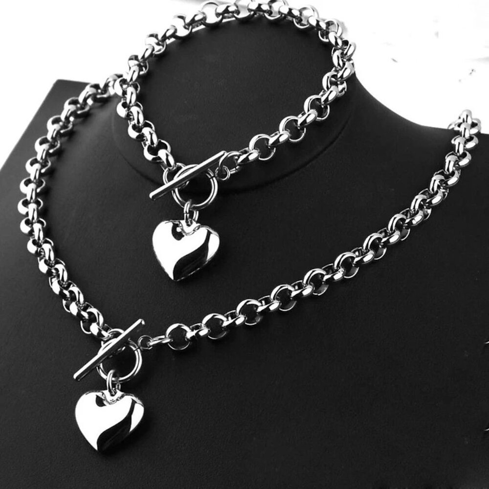 ๐ 2pc Heart Charm Necklace & Bracelet Set Silver Tone Chain Motherโs Day Gift - Picture 6 of 8